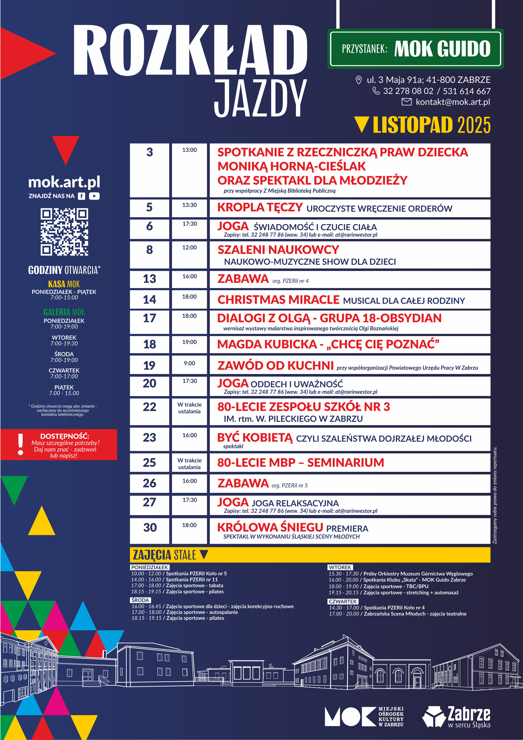 Rozkład Jazdy / MOK Guido - listopad 2025 plakat z informacjami o wydarzeniach w MOK Guido w listopadzie2025